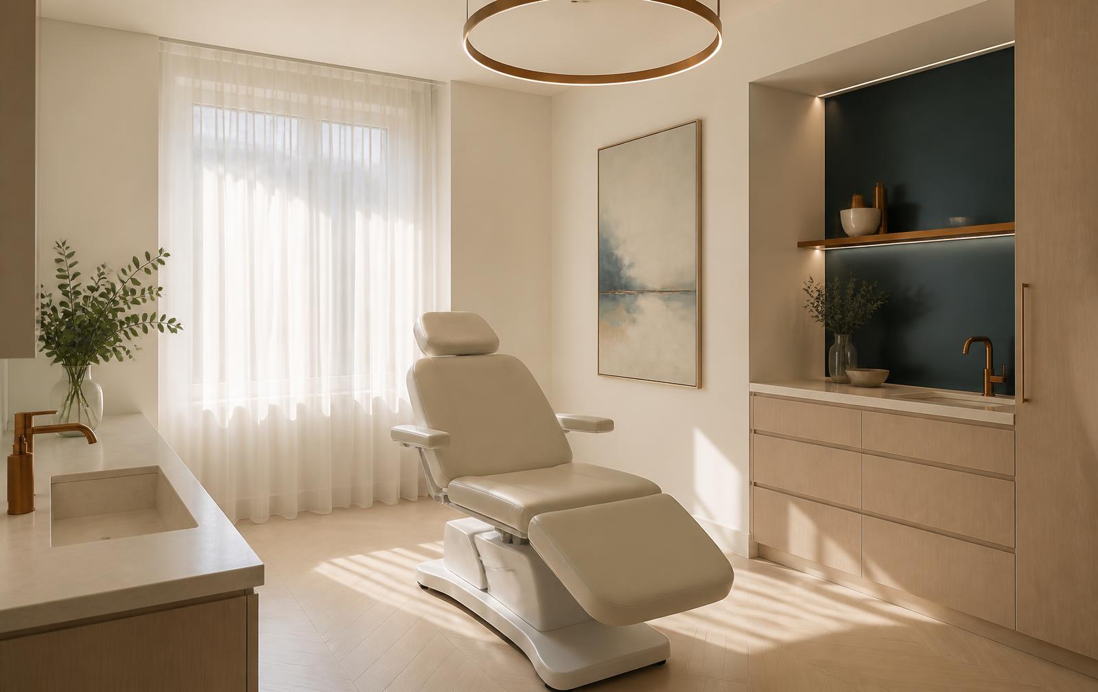 Warm clinical suite with soft daylight and restrained medical equipment
