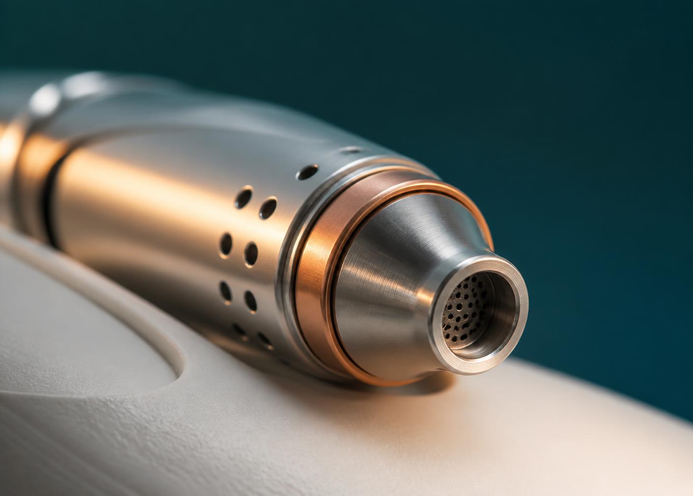 Macro detail of a machined titanium and copper airway nozzle