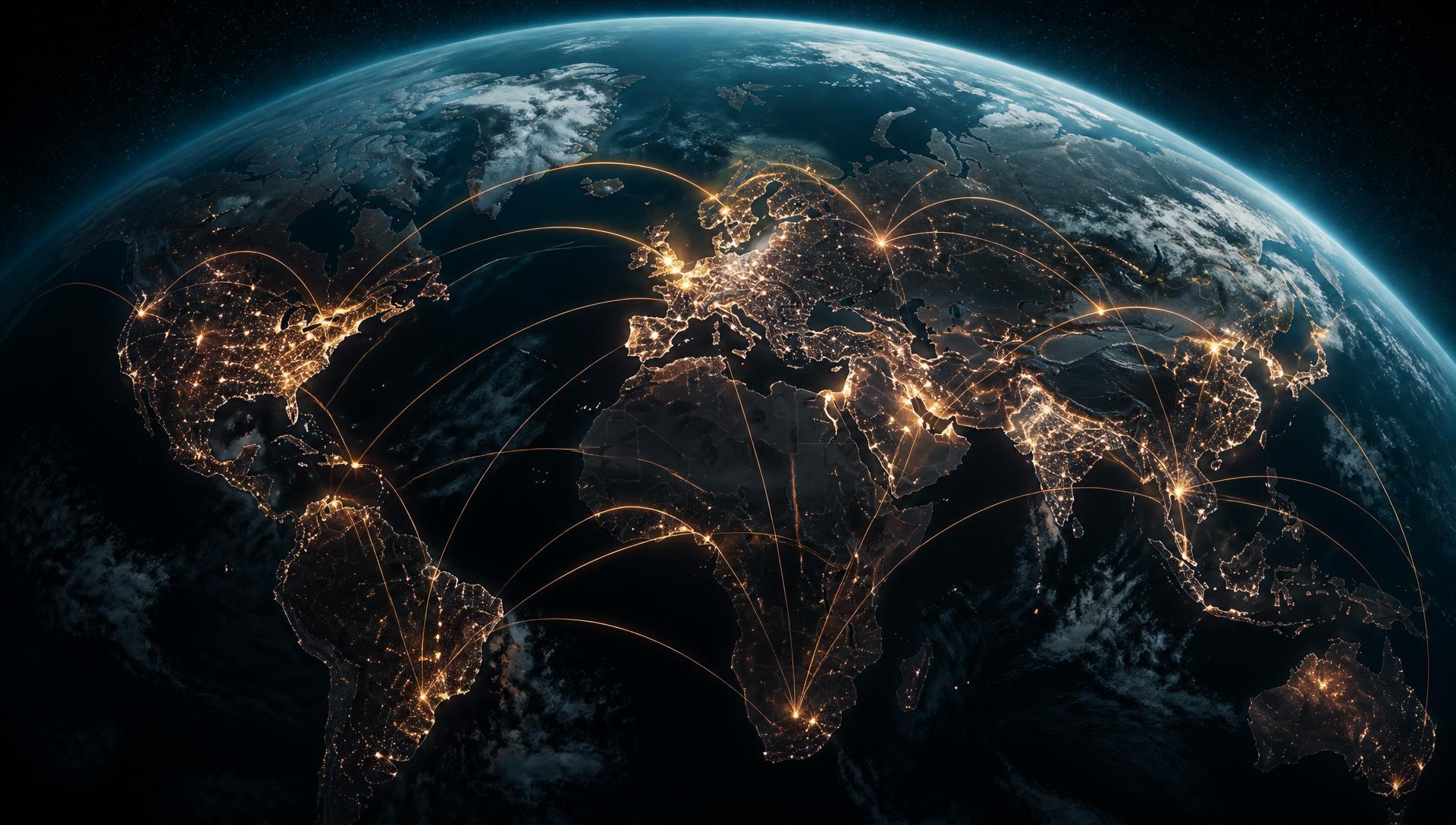 Earth at night with illuminated global distribution corridors