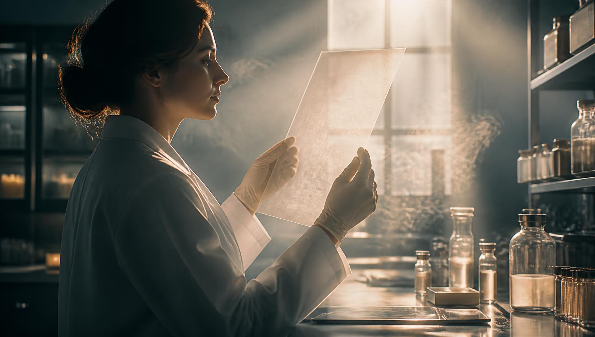 Laboratory technician examining a translucent sterile membrane in warm daylight