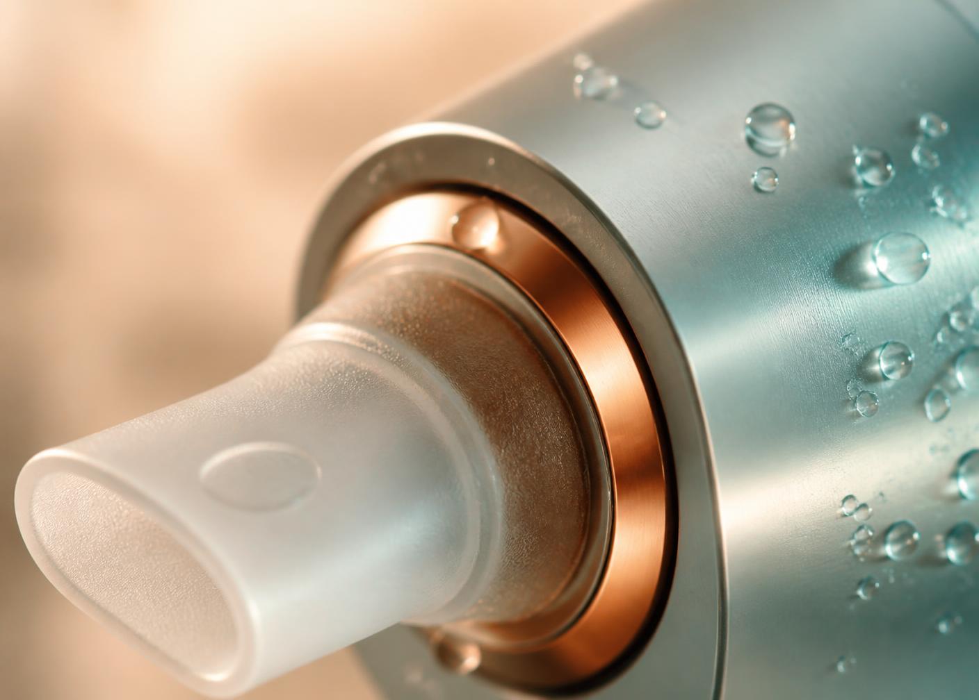 Macro detail of an unbranded respiratory device mouthpiece and copper collar with saline droplets