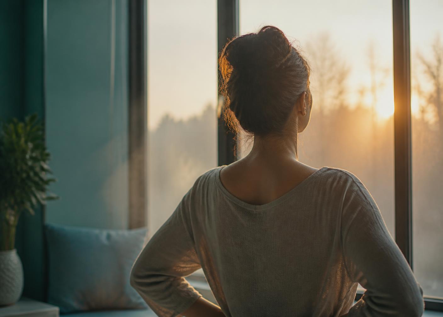 Person breathing deeply at a large window at dawn