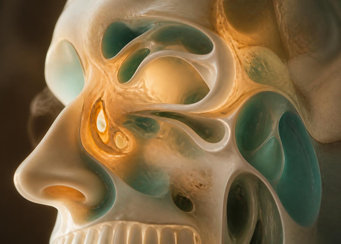 Translucent anatomical study of the paranasal sinus passages lit from within